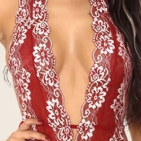 Sexy Semi-Sheer Flowers Embroidered Front Plunge Bodysuit /Teddy Open Back 1PC - Picture 6 of 9